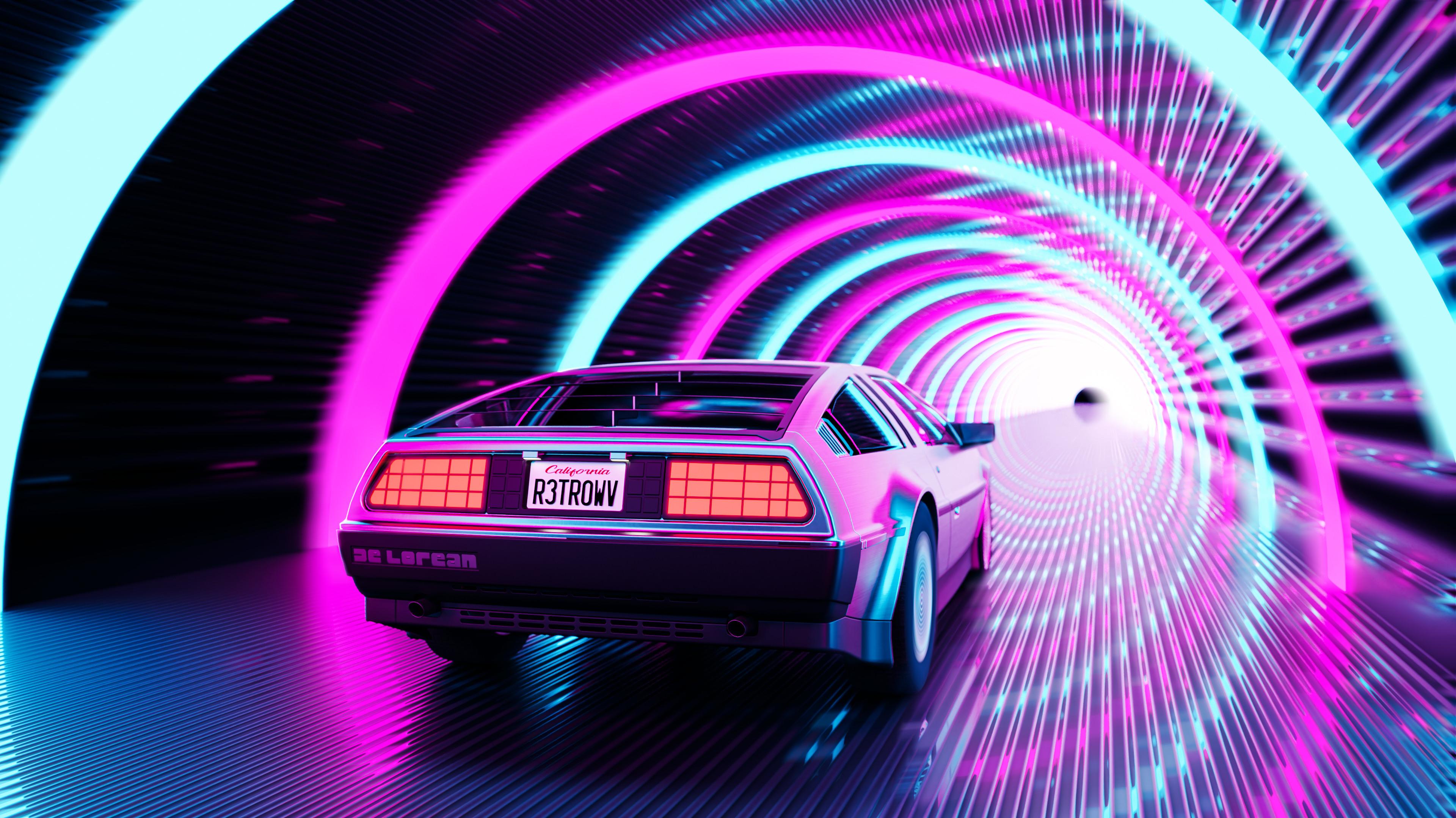 Retro Delorean Car Outrun Digital Art 4k Wallpaper