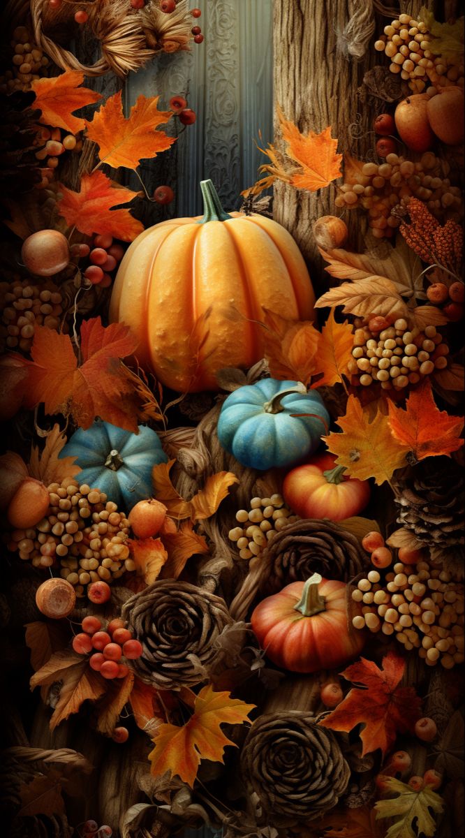 A Painting Of Pumpkins And Other Autumn Decorations Wallpaper