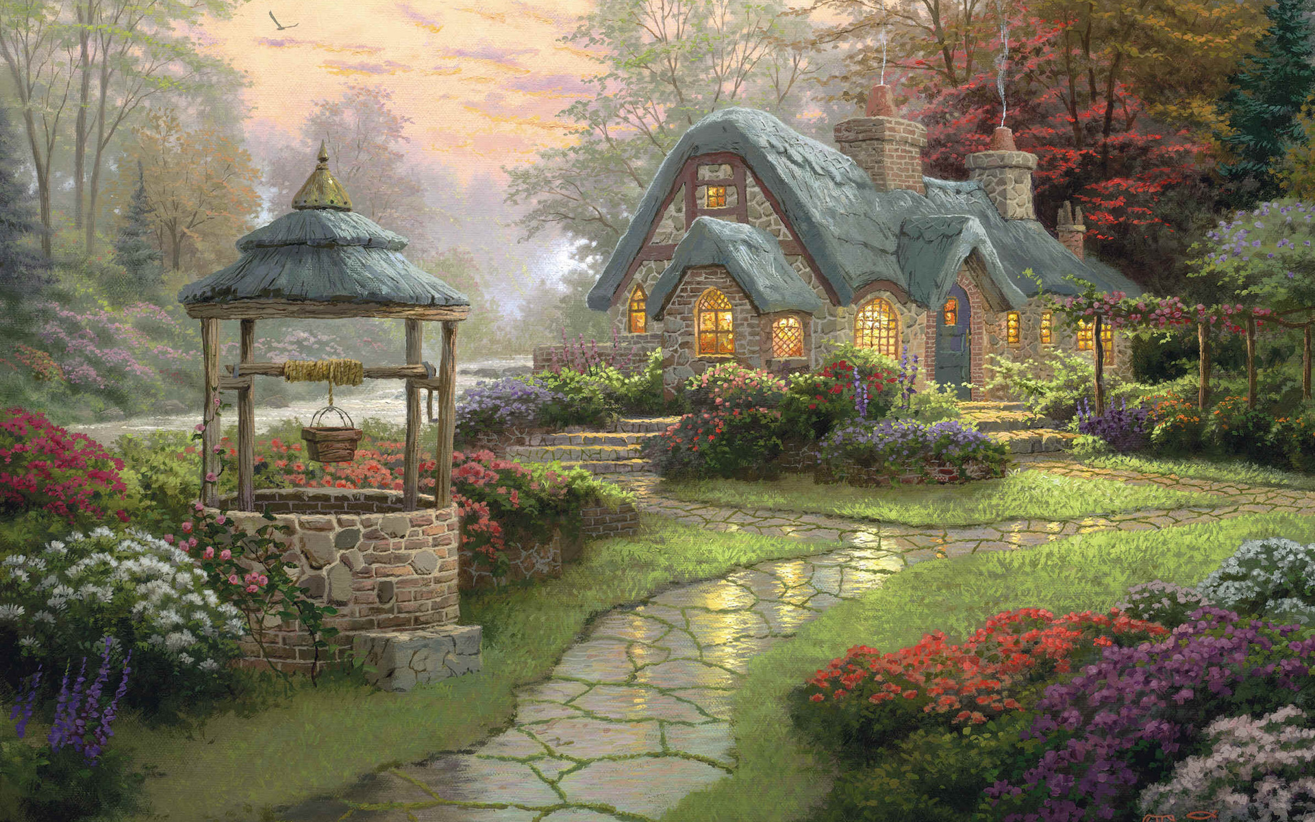 Landscape Wallpaper Thomas Kinkade Make A Wish Cottage Painting