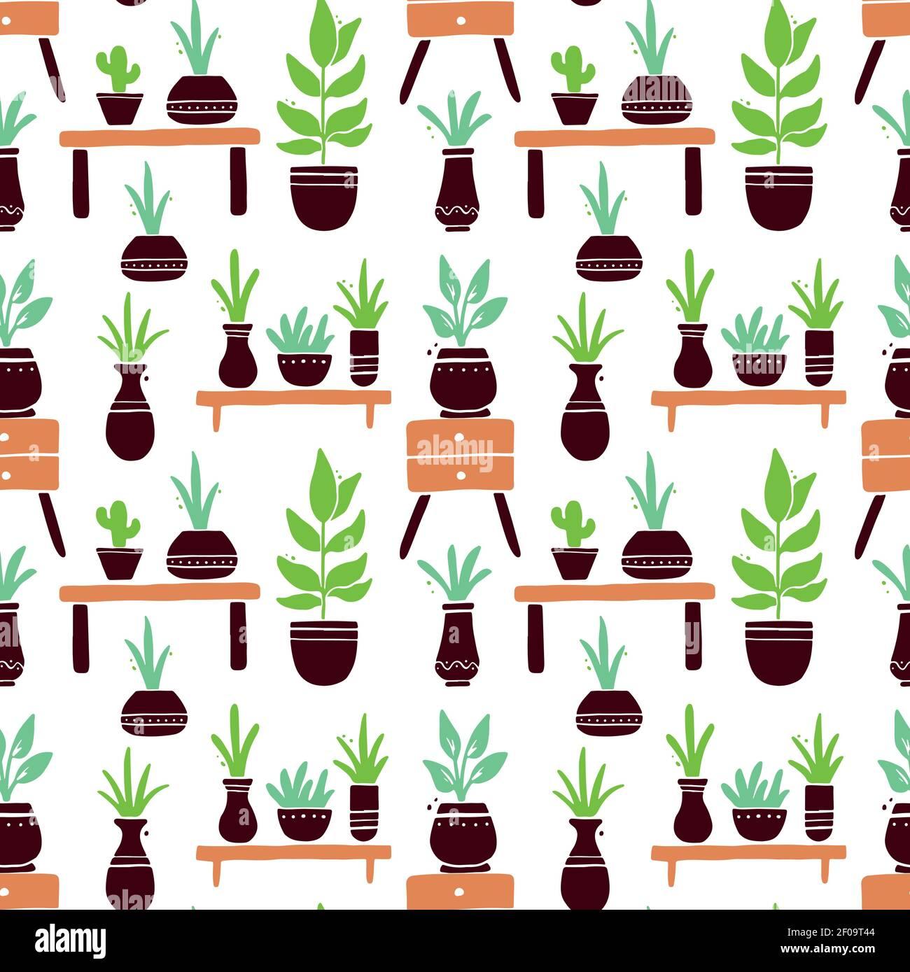 Seamless Pattern Of Cute Cartoon House Plant With Leaf And Pot