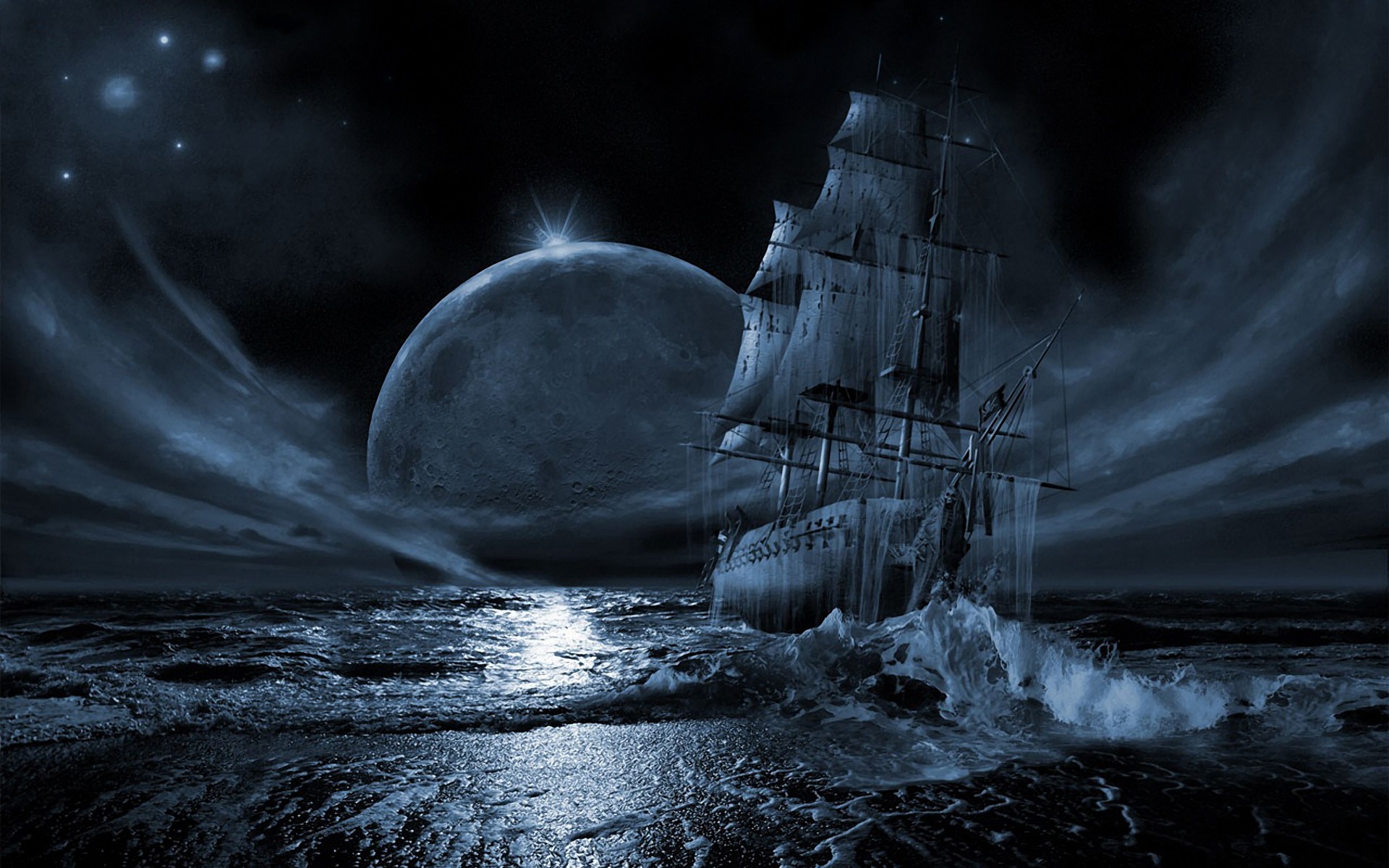 water stars moon ships nighttime HD Wallpaper