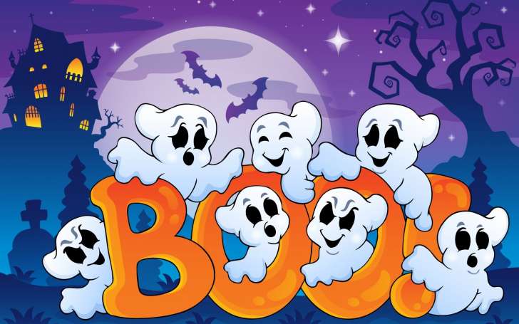 Halloween Funny Ghosts Creepy House Bats Boo Full Moon Art Vector HD