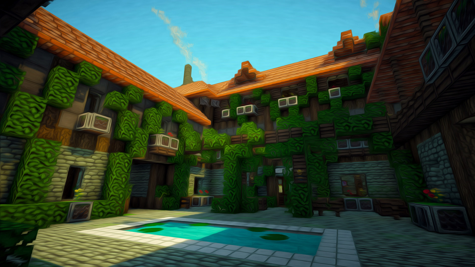 A picturesque Minecraft courtyard with a pool, lush green vines, and detailed pixel art architecture in HD