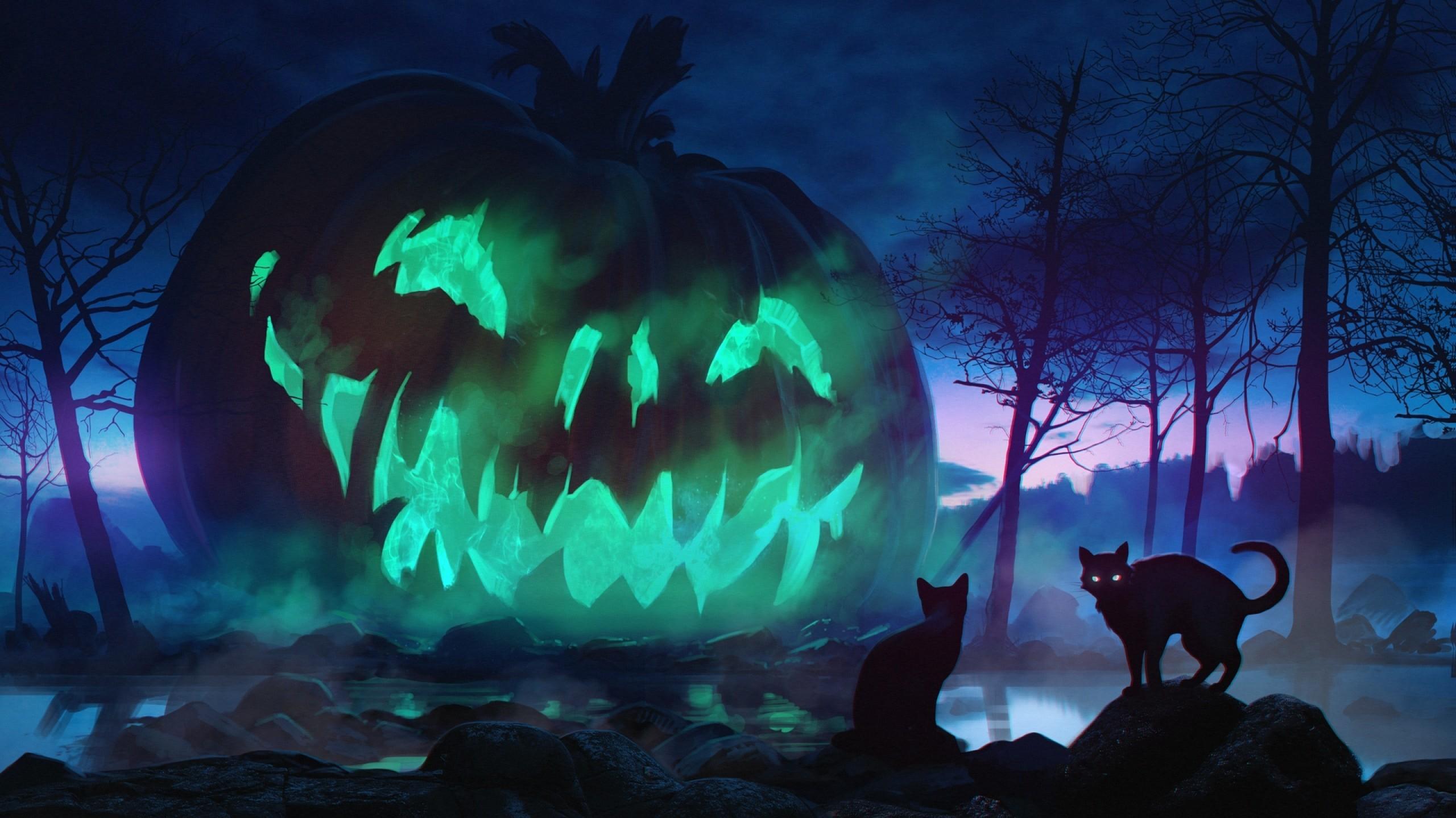 Halloween Giant Pumpkin Scary Cats Dark Theme Forest Fog Stones