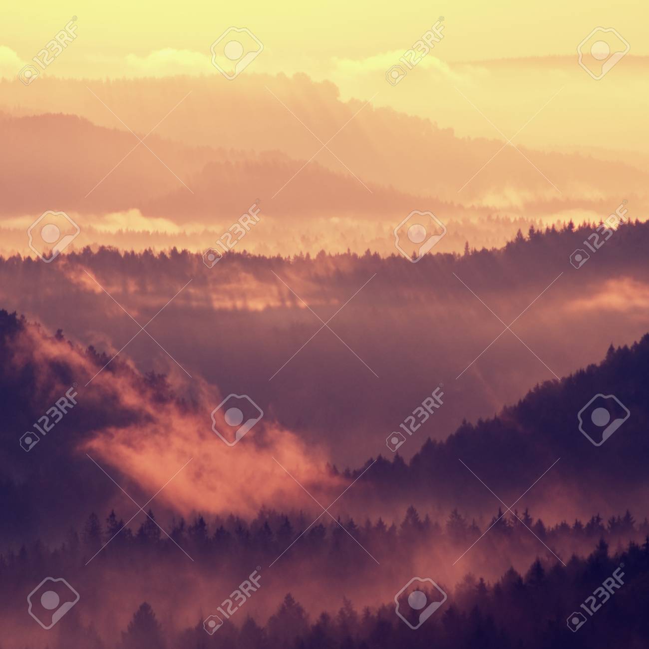 Marvelous Red Awakening Misty Beautiful Valley Peaks Of Hills