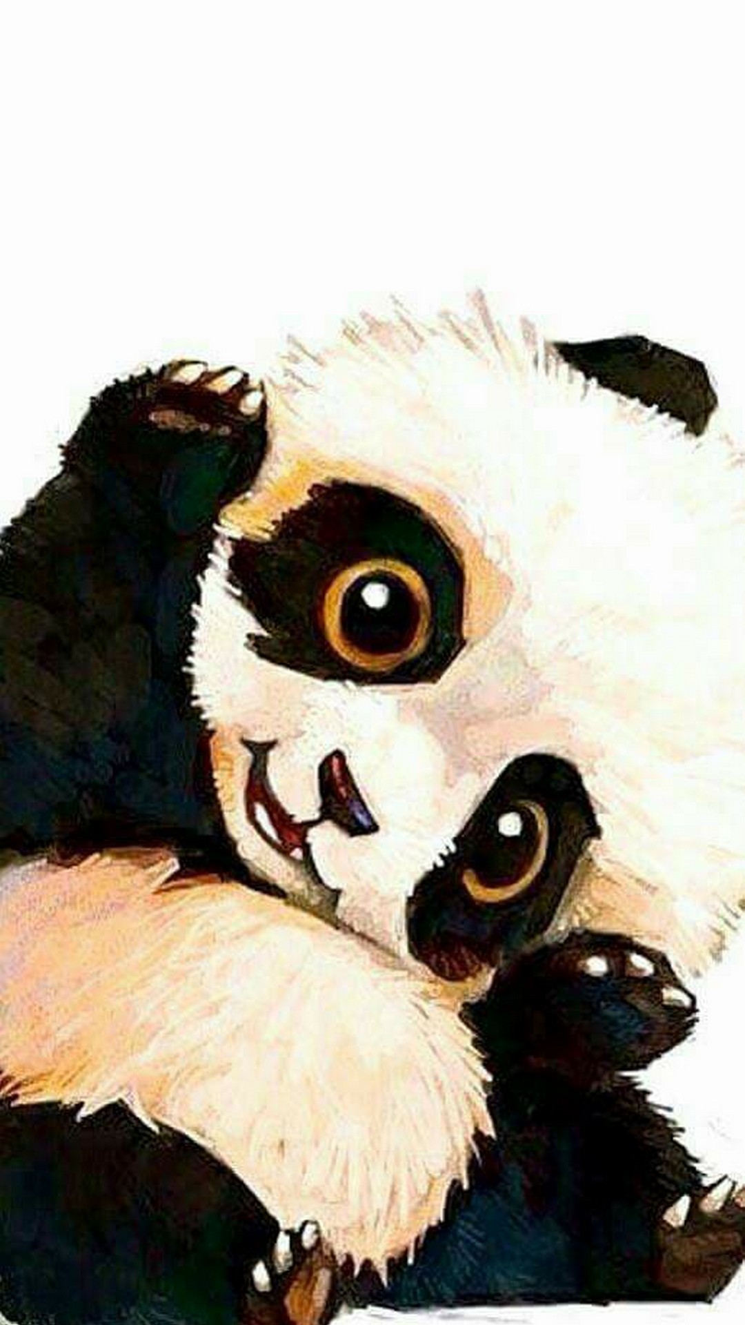 A cute baby panda playfully holds its paws up to its face, its large eyes gazing endearingly at the viewer