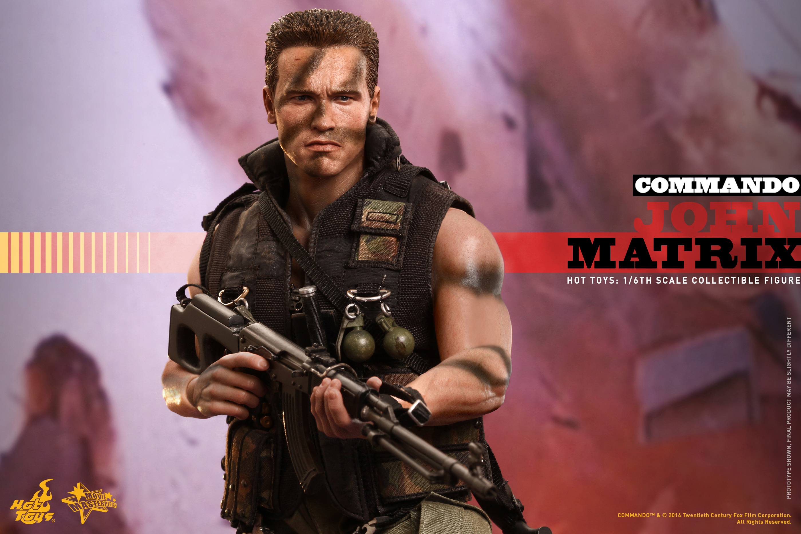 A collectible figure of John Matrix from the movie Commando, holding a rifle and wearing camouflage gear