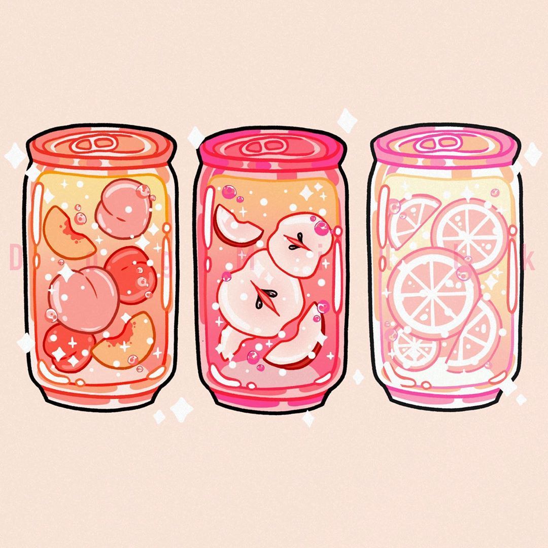 Three cans of sparkling fruit drinks, flavored with peach, apple, and orange, illustrated in a preppy, pastel aesthetic