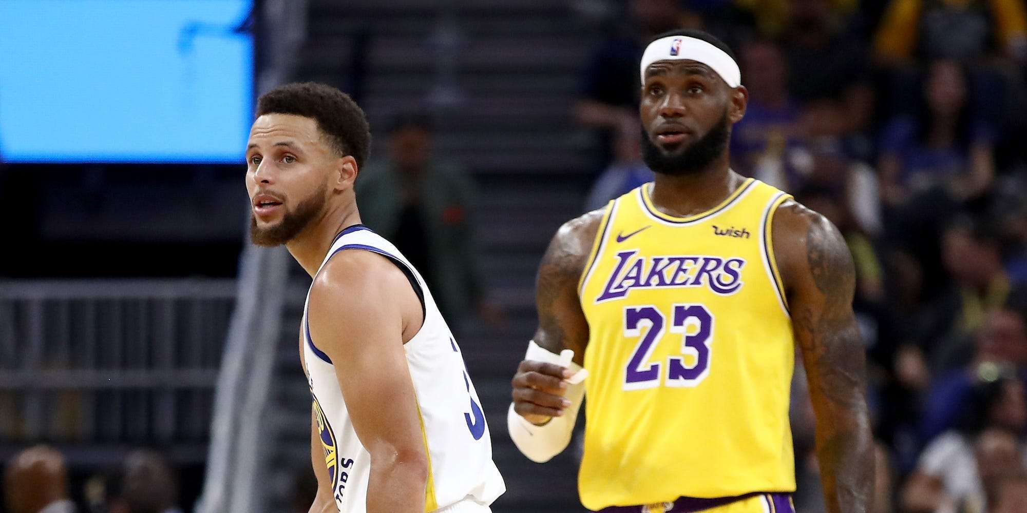 LeBron James and Stephen Curry face off during an NBA game