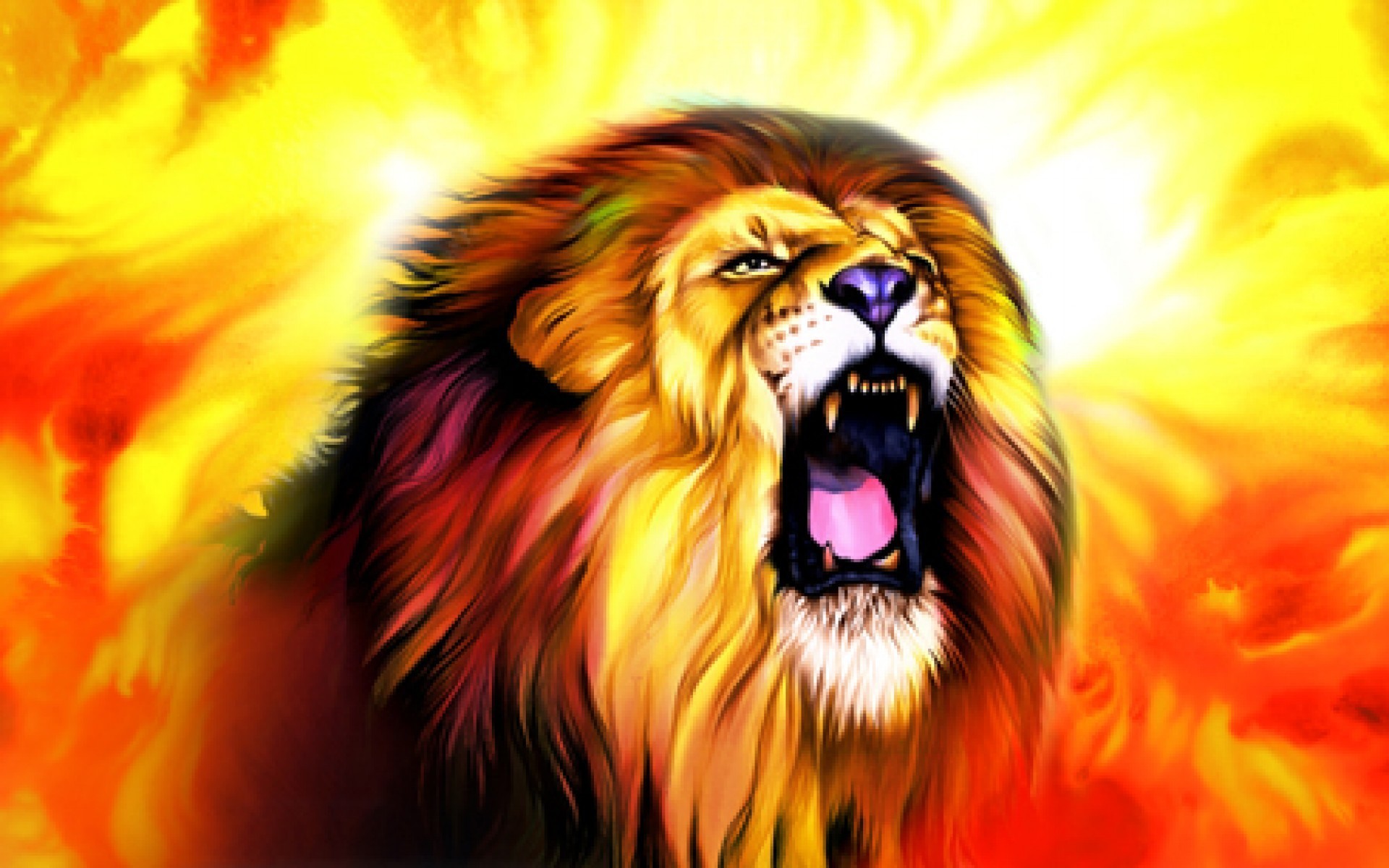 A majestic lion roars fiercely against a backdrop of fiery colors, showcasing its power and dominance