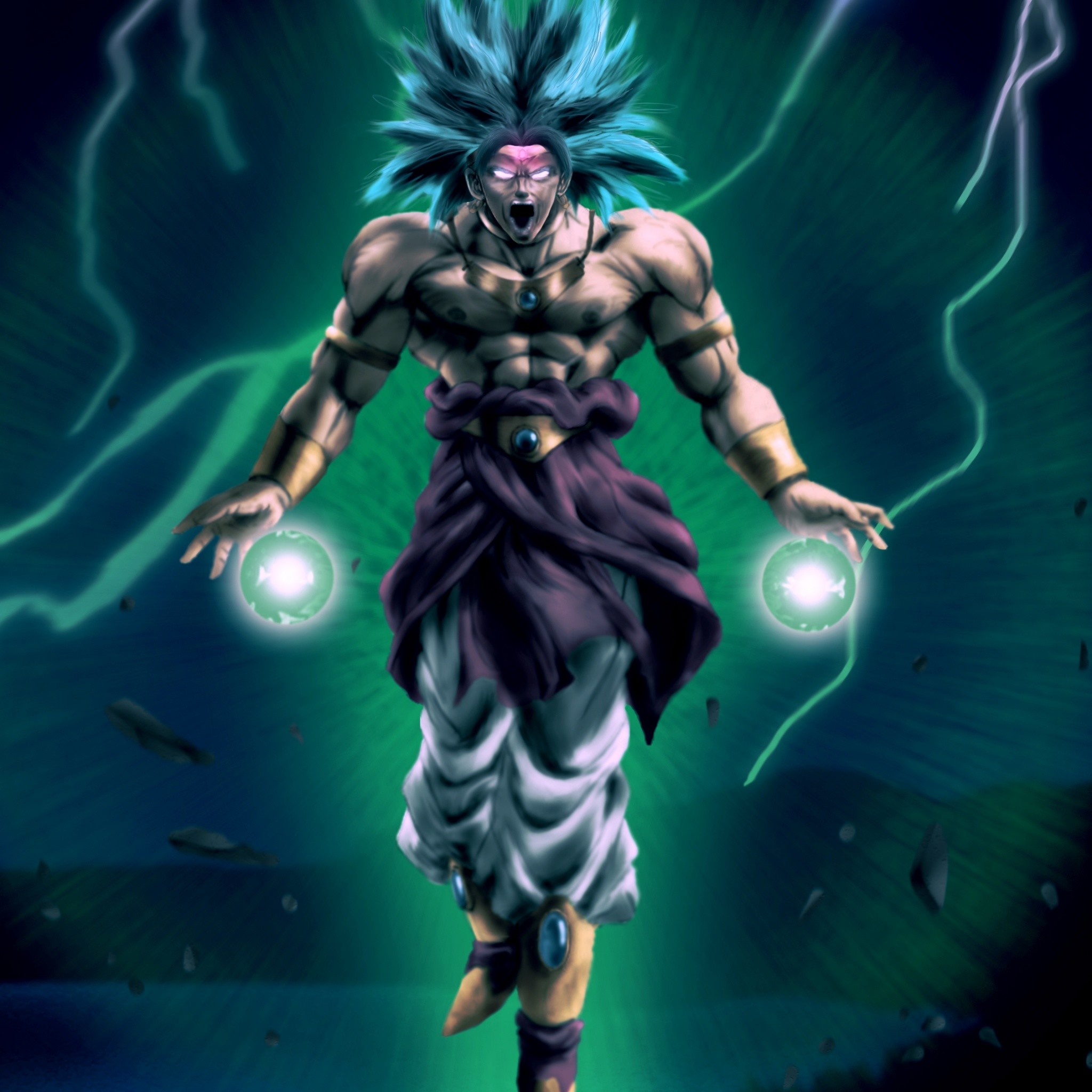 A powerful depiction of Broly in his Legendary Super Saiyan form from Dragon Ball Z, radiating green energy