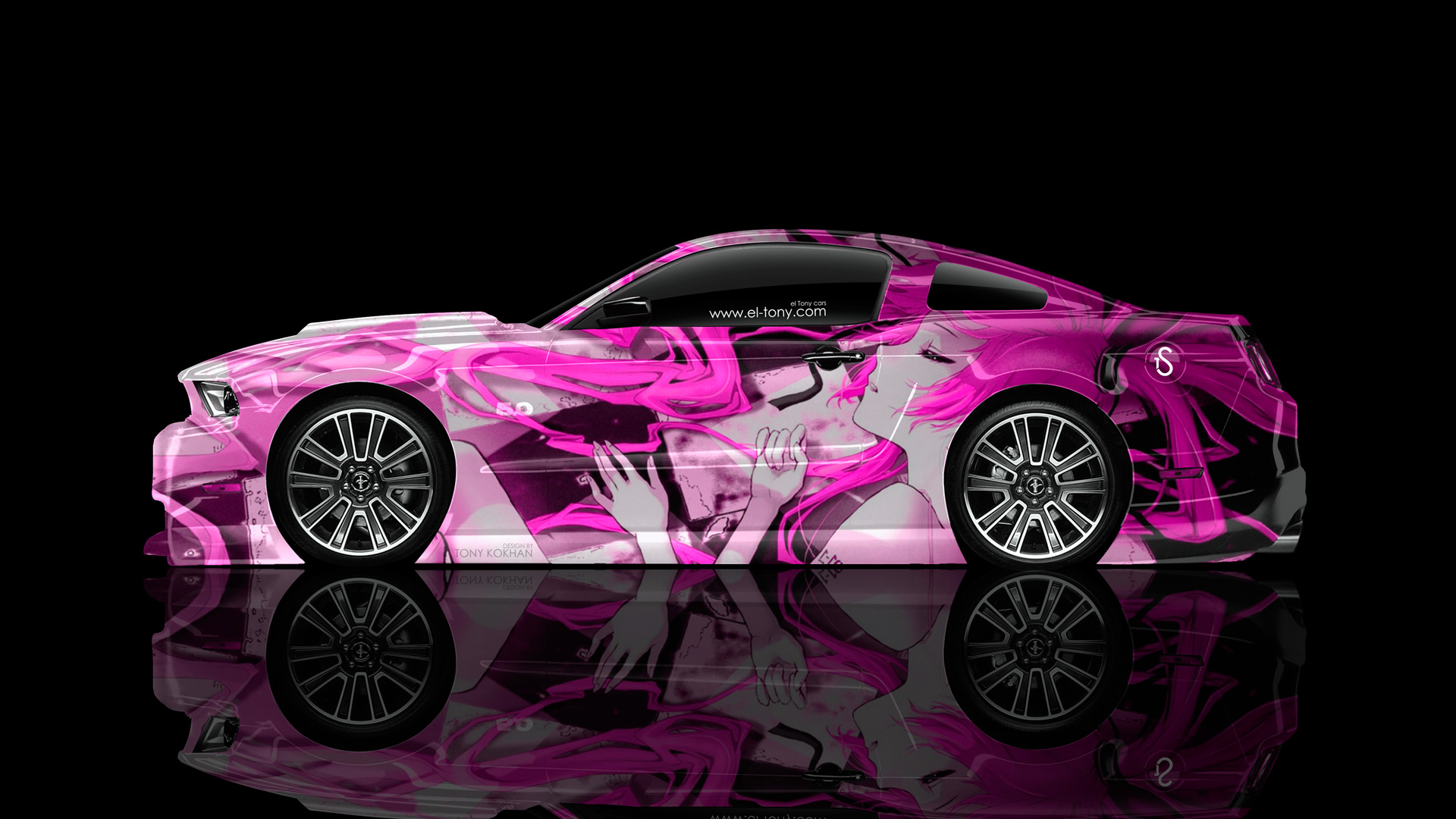Ford Mustang Gt Muscle Side Anime Girl Aerography Car Pink Colors