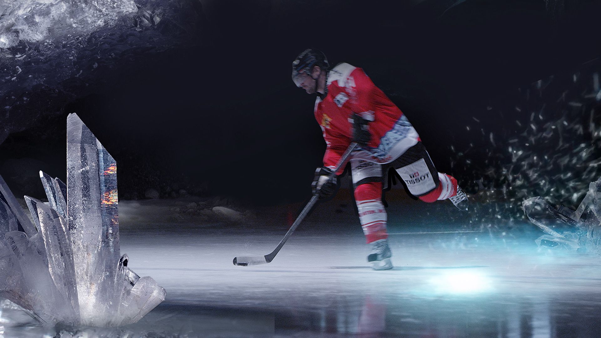 A hockey player in a red jersey skates across the ice, stick in hand, with dramatic lighting and crystal formations in the foreground and background. Action shot, dynamic pose, hockey wallpaper