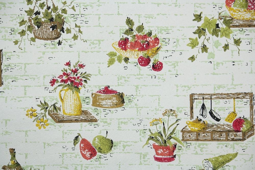 Vintage Kitchen Wallpaper Brick Background Yellow Green And Red