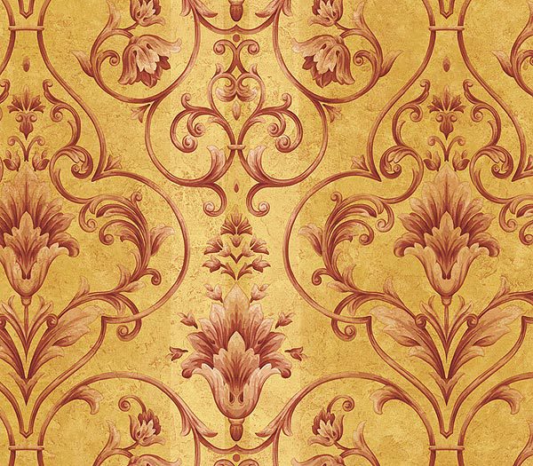 Gold And Red Architectural Damask Wallpaper