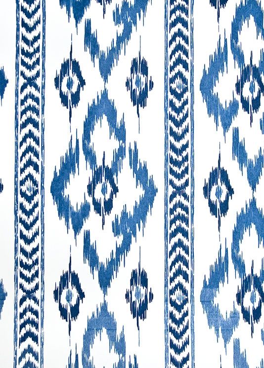 Non Woven White Wallpaper With Elegant Ikat Screen Print In Navy
