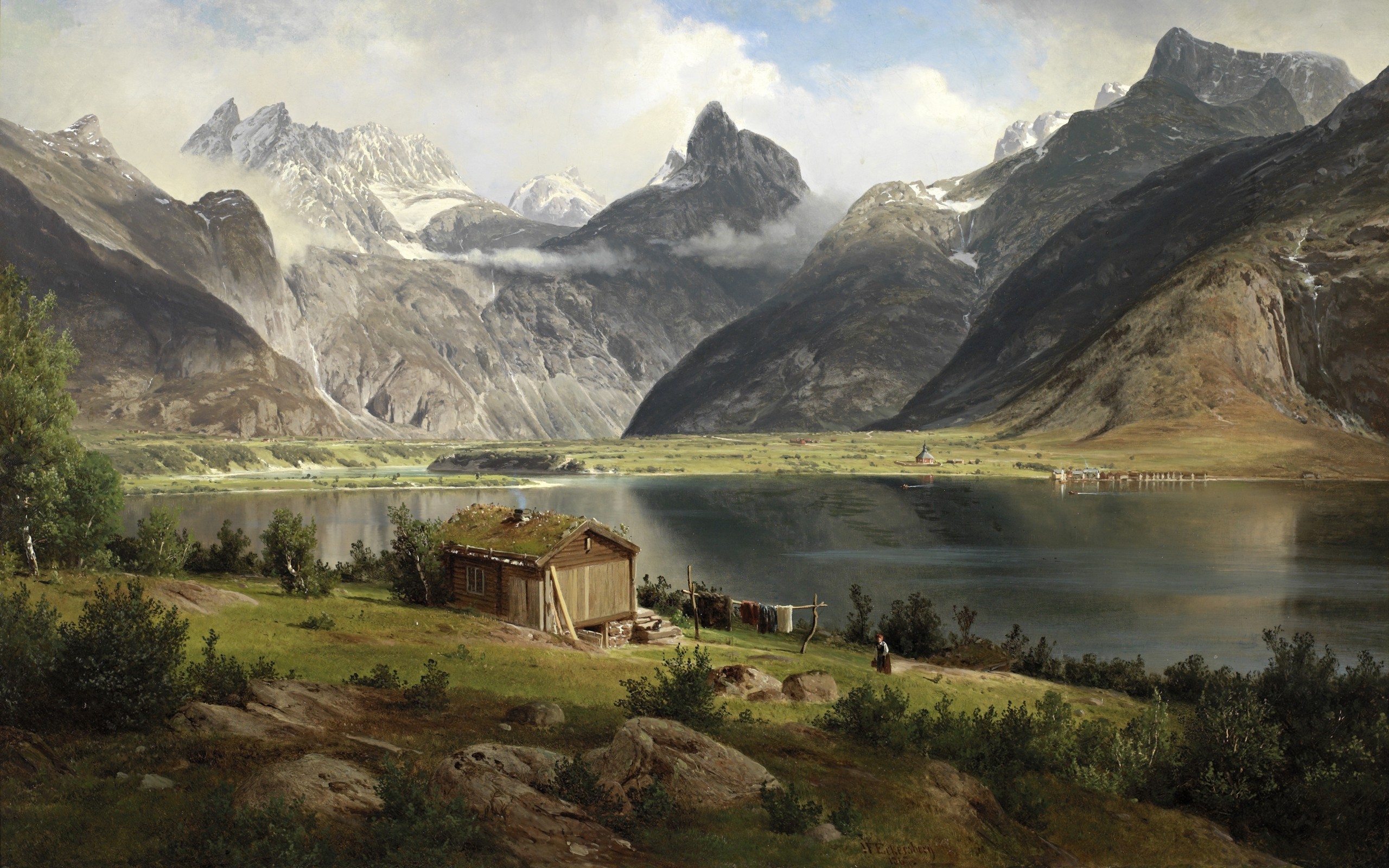 House Lake Mountains Drawing Landscapes Paintings Painting Wallpaper