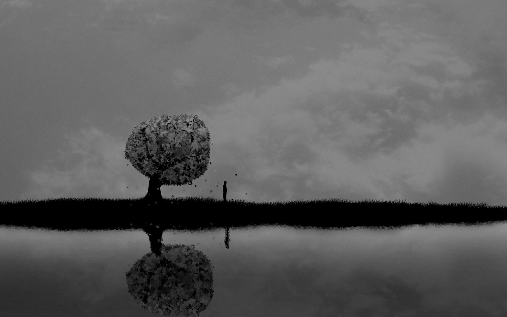 A grayscale image depicting a lone figure standing near a tree by the water, reflecting a sense of solitude and introspection