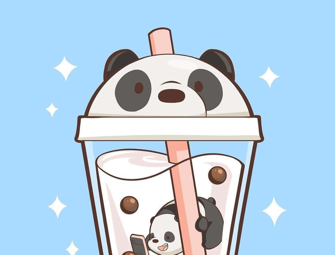 A cute illustration of a panda-themed boba drink, perfect for preppy aesthetic lovers. A panda is peeking over the cup's lid, while another panda is holding the straw inside