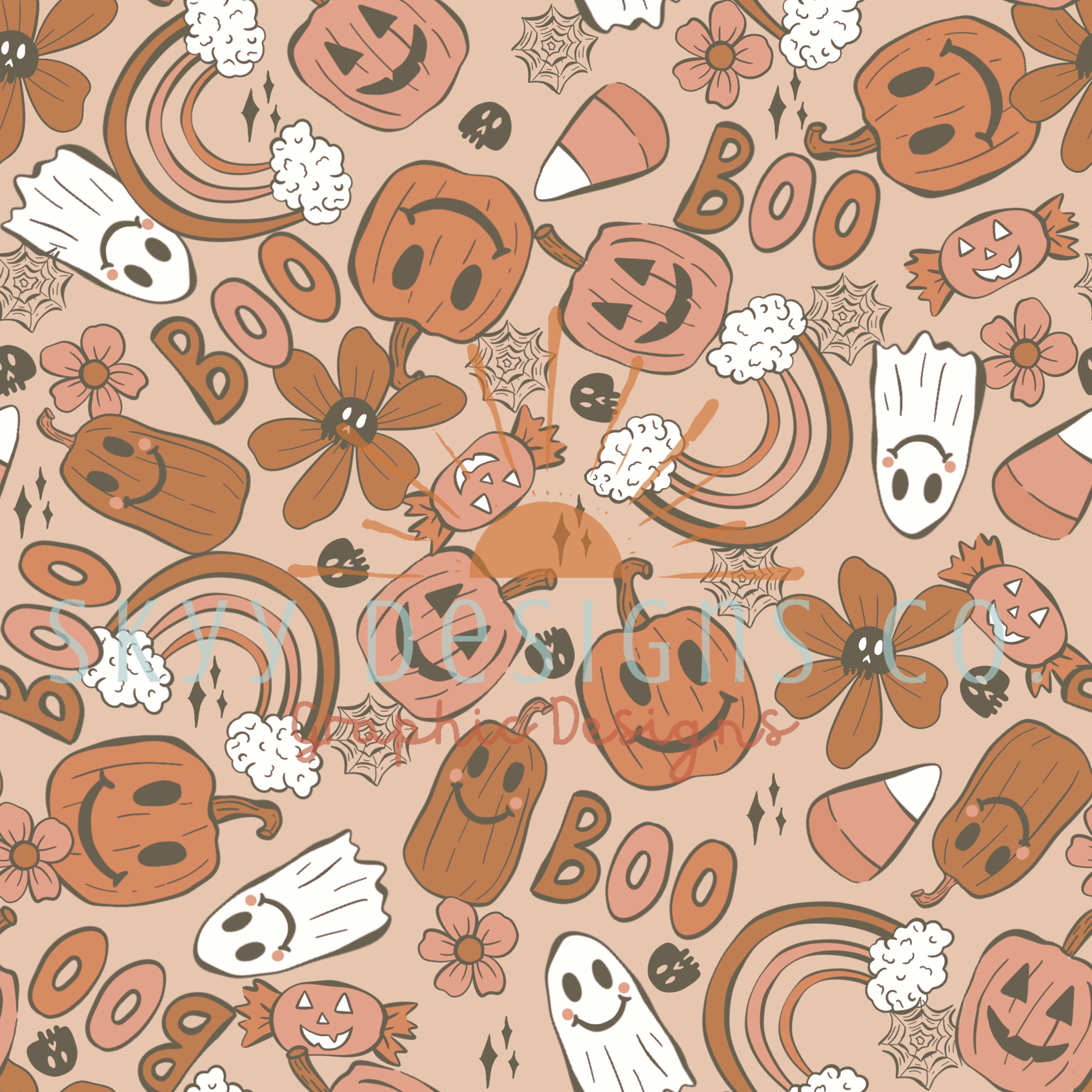 Boho Smiley Face Pumpkins And Ghosts For Halloween Digital