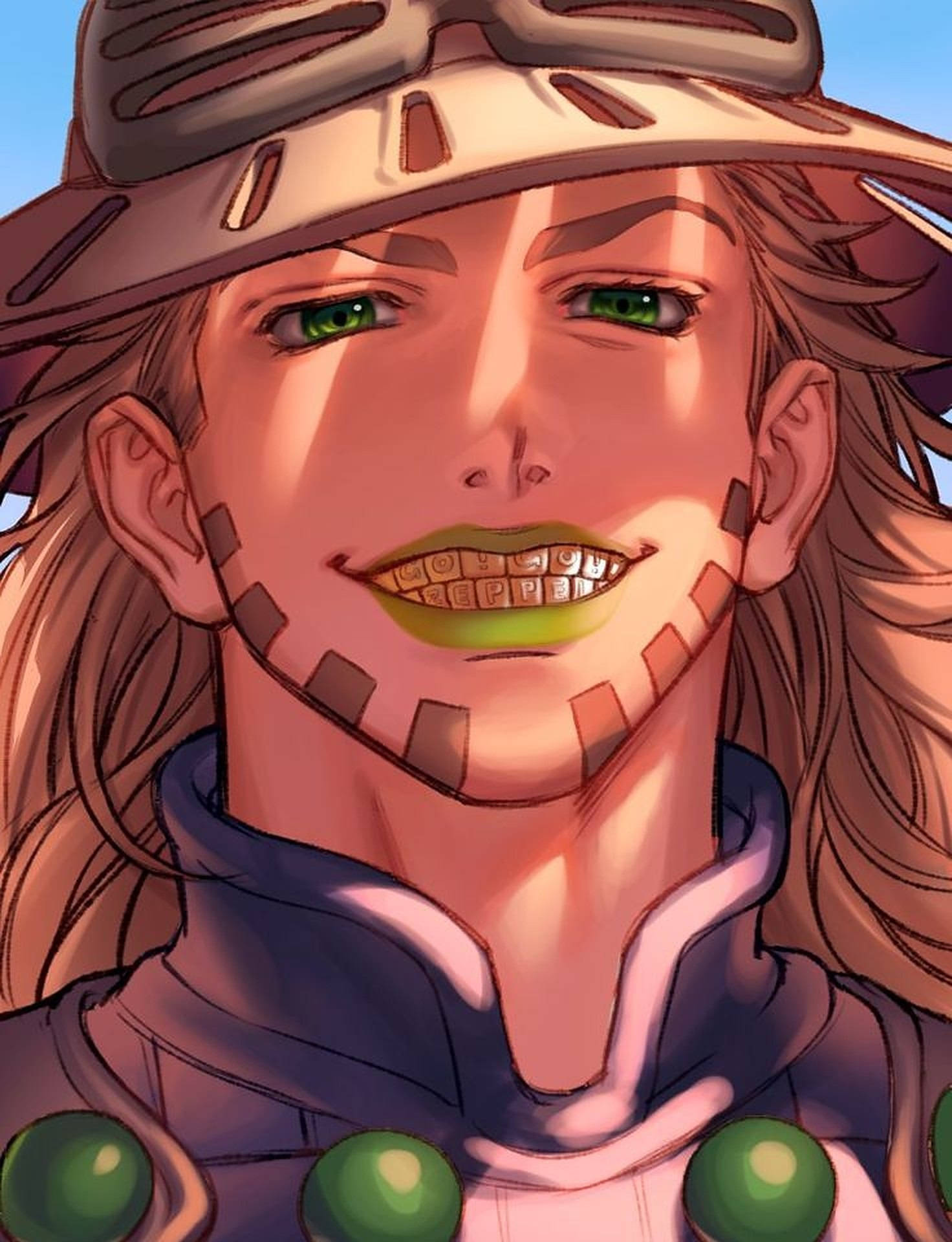 Close-up fan art of Gyro Zeppeli from JoJo's Bizarre Adventure, featuring his distinctive hat, green grill, and confident smile