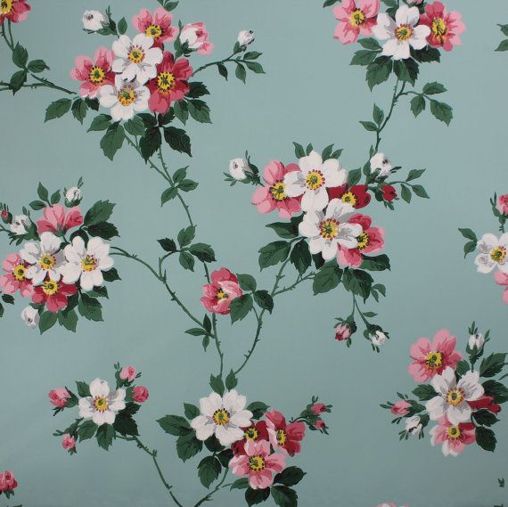 S Vintage Wallpaper Pink And White Floral On Aqua