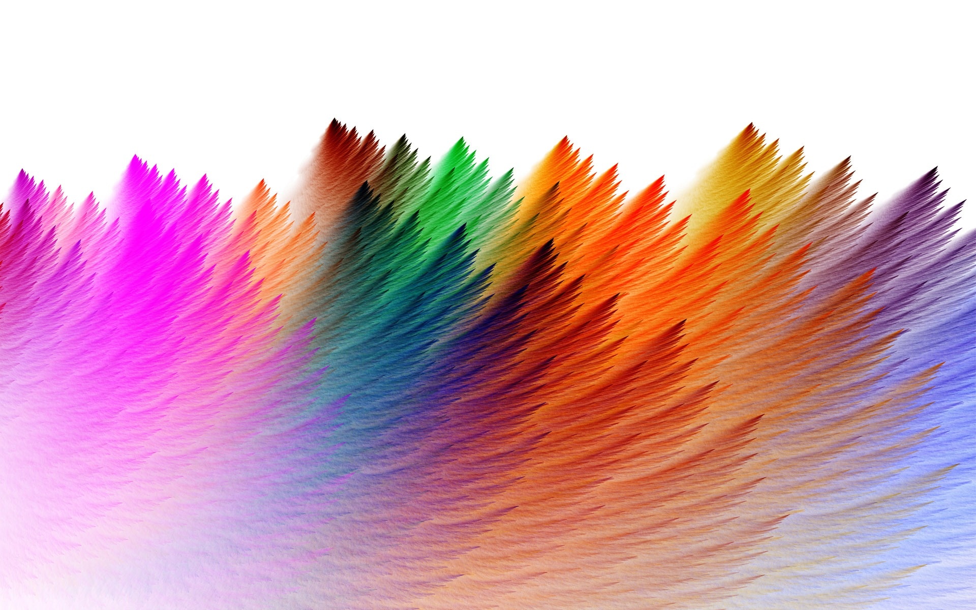 Vivid Colors Abstract Computer Background: A vibrant array of pointed shapes in a spectrum of colors, resembling feathers or flames, creates a dynamic and energetic backdrop