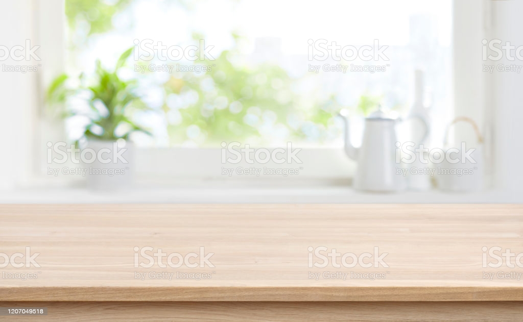 Wooden Kitchen Table With Background Of Window For Product Display