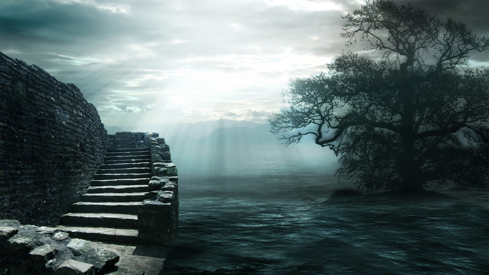 A dark and mysterious landscape with stone steps leading to a misty sea, an old tree silhouetted against the sky, and rays of light breaking through the clouds
