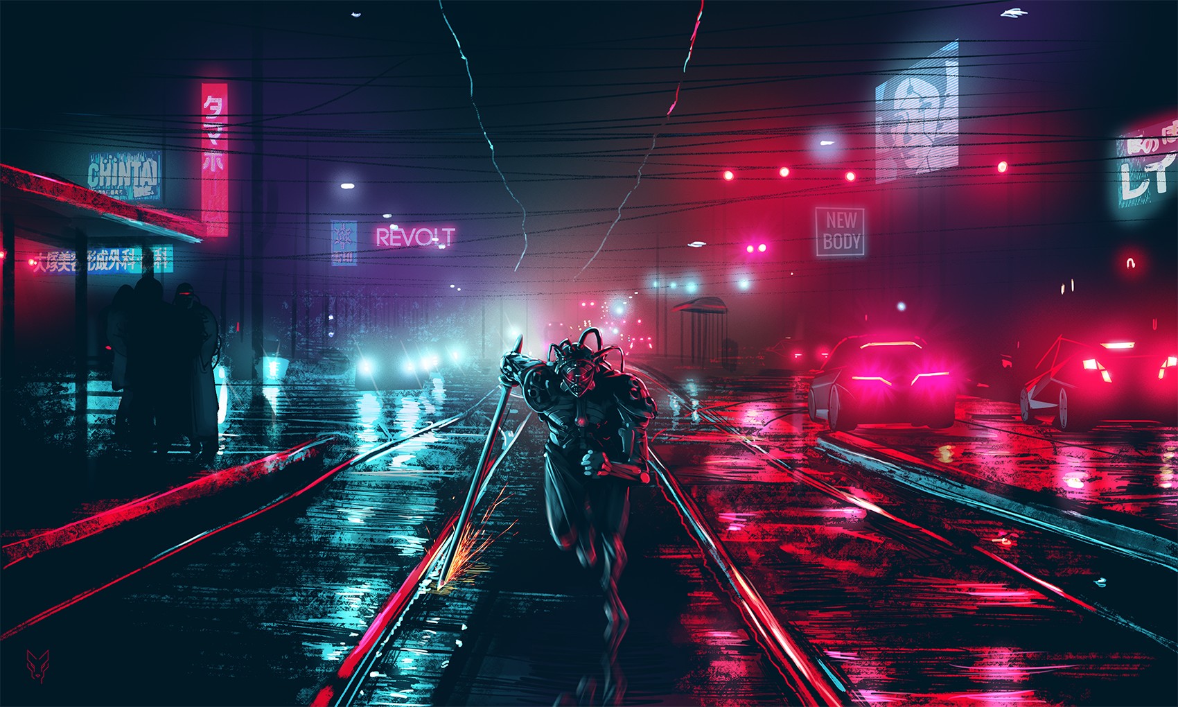 A cyberpunk warrior sprints through a rain-slicked city street at night, illuminated by neon signs and car lights. The scene evokes a futuristic dystopia with a gritty, cyberpunk aesthetic