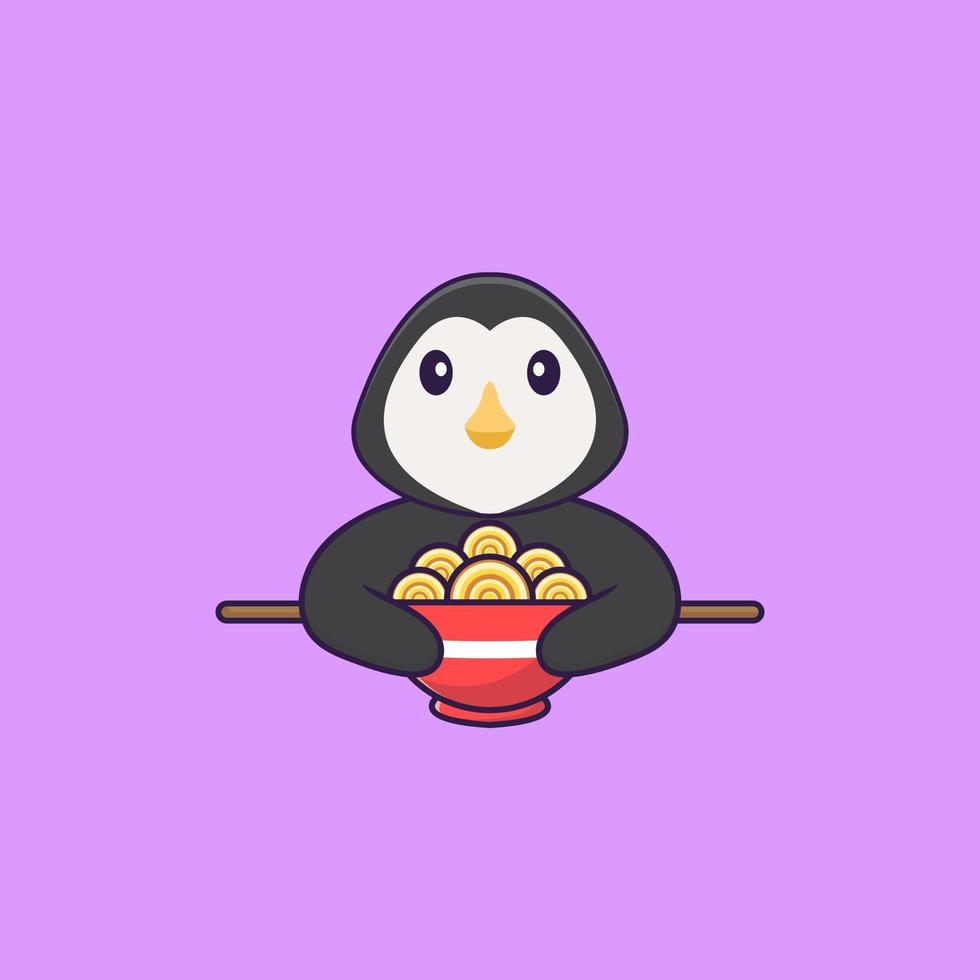 Cute Penguin Eating Ramen Noodles Animal Cartoon Concept Isolated