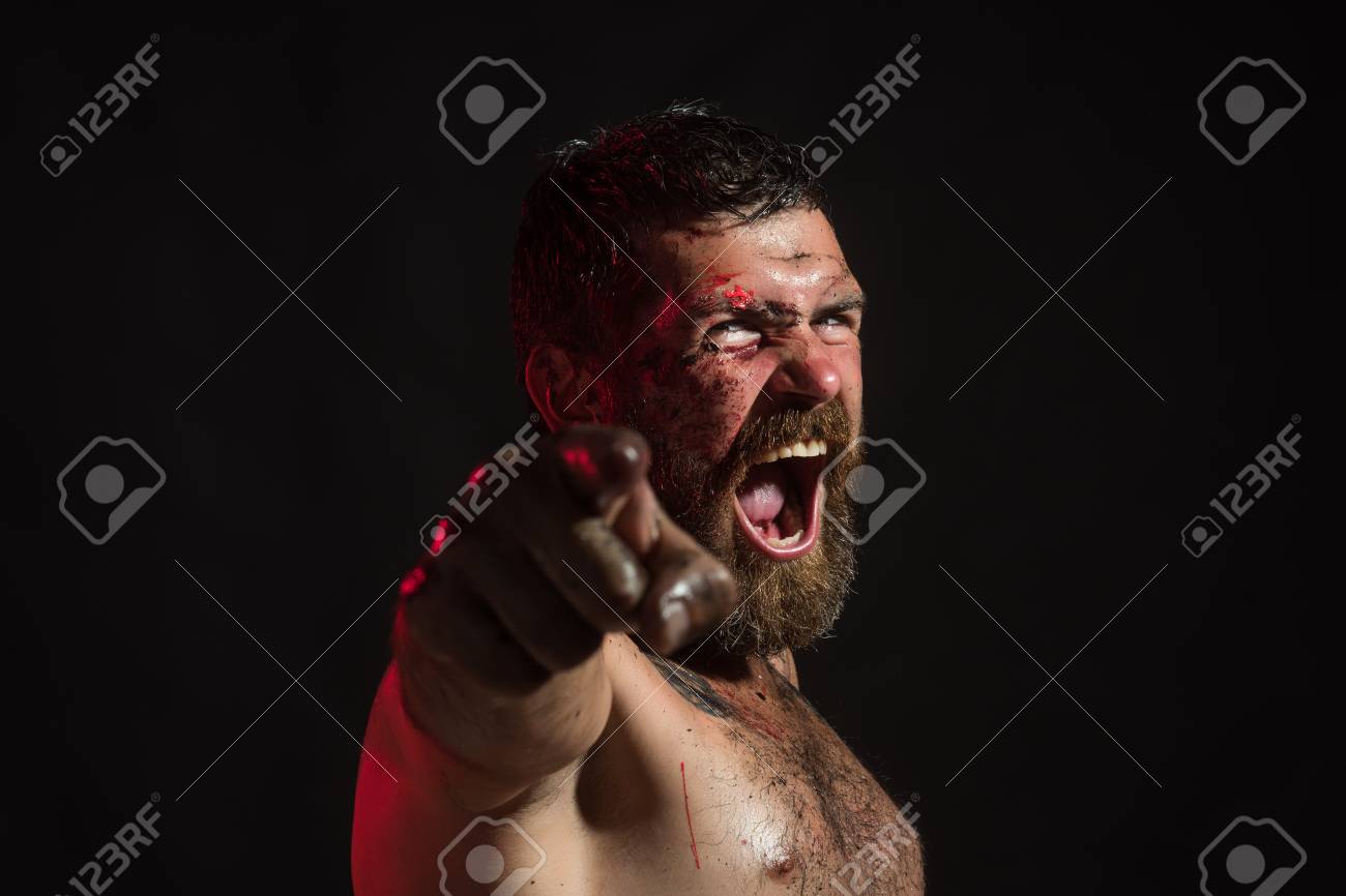 Man With Bloody Beard Angry Face Point Finger On Black Background