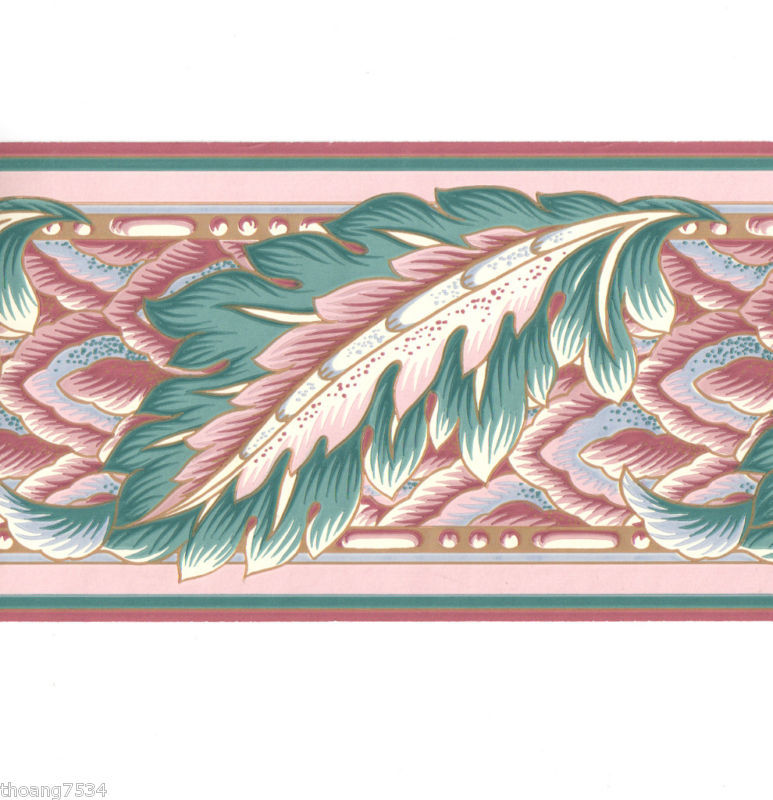 Blue Teal Green Mauve Pink Feather Leaf Wall Paper Border