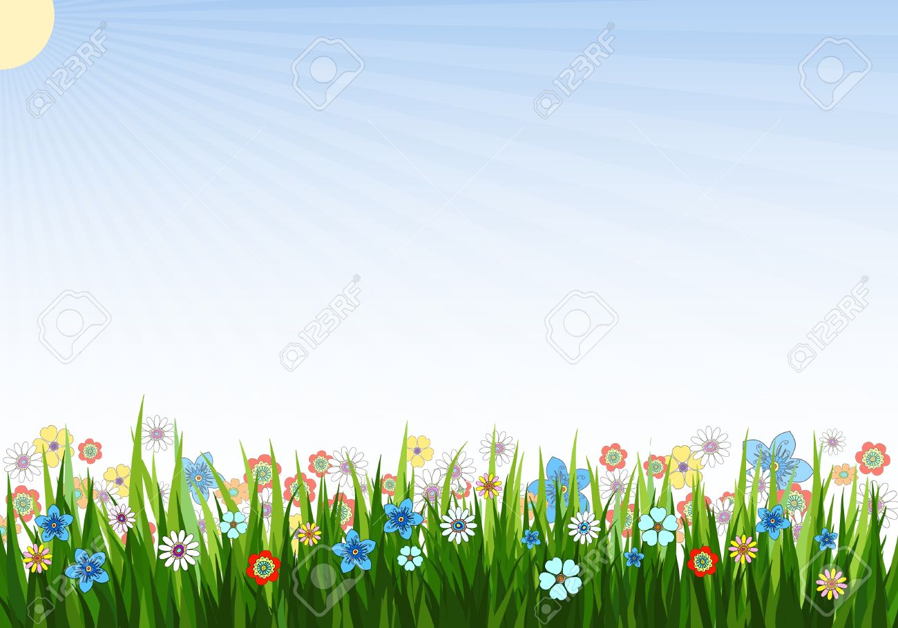 Vector Illustration Of A Spring Background With Grass Flowers