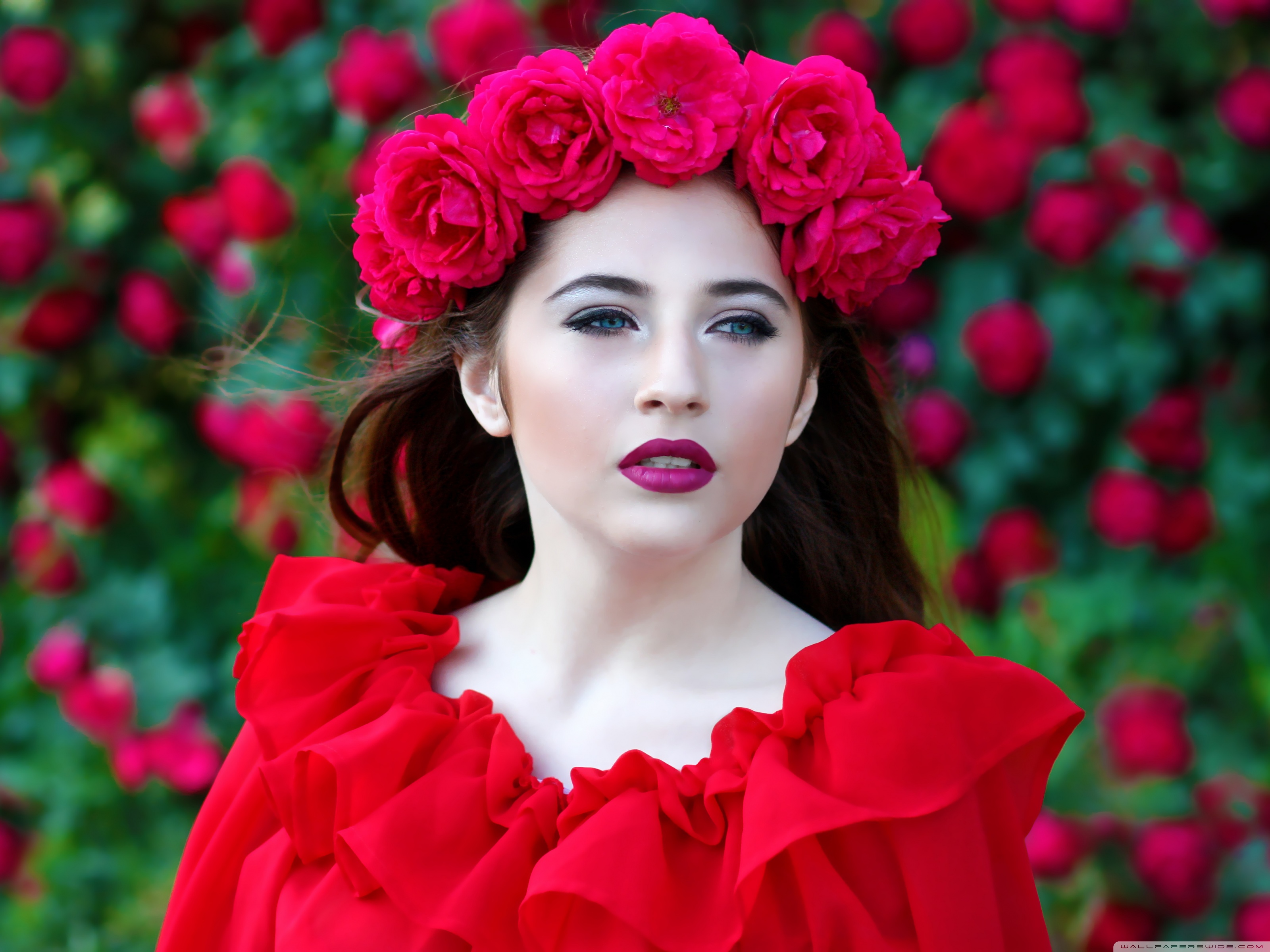 Woman In Red Dress Roses Wreath 4k HD Desktop Wallpaper