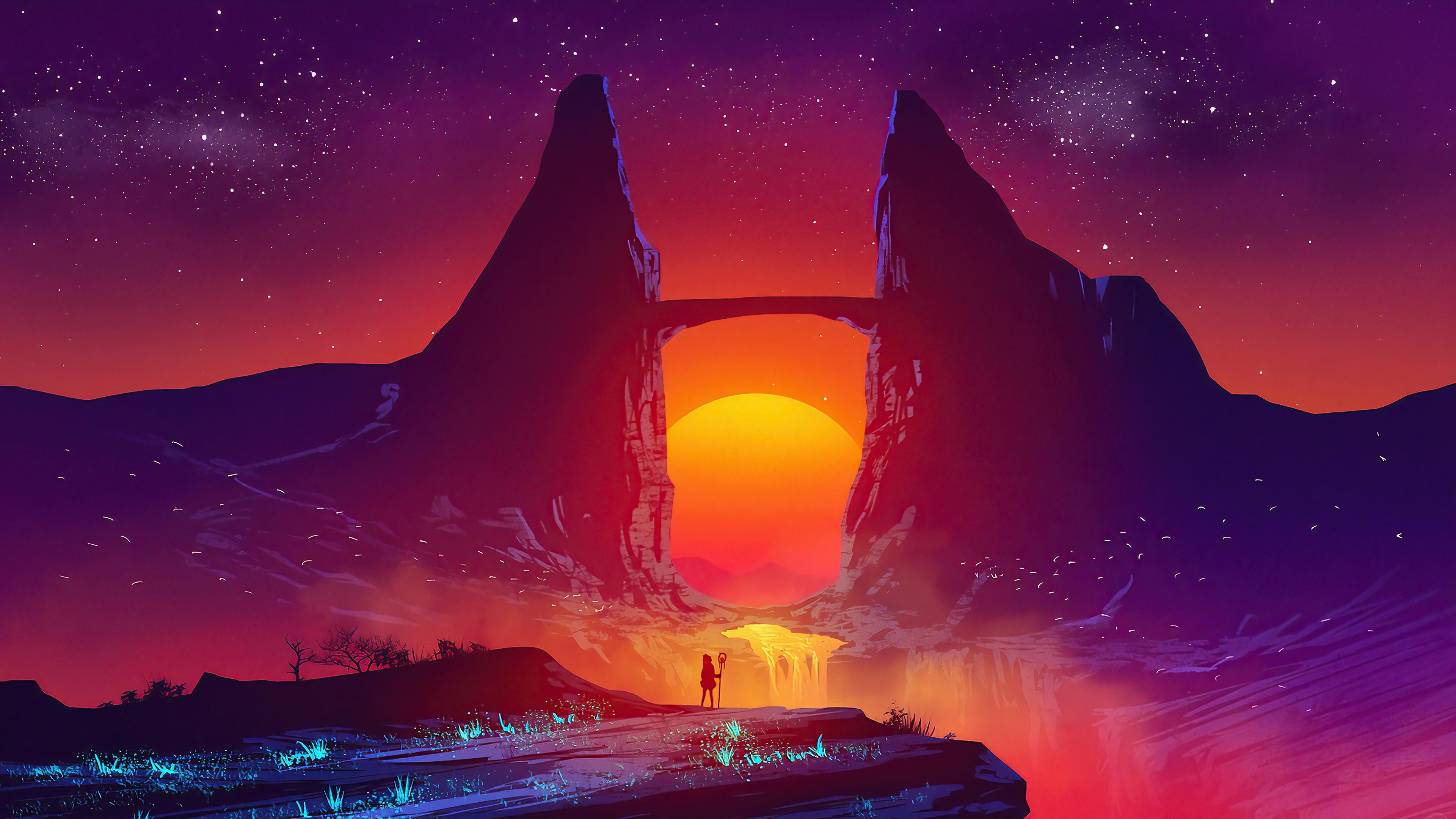 Sunset Scenery Fantasy Landscape Digital Art 4k Wallpaper