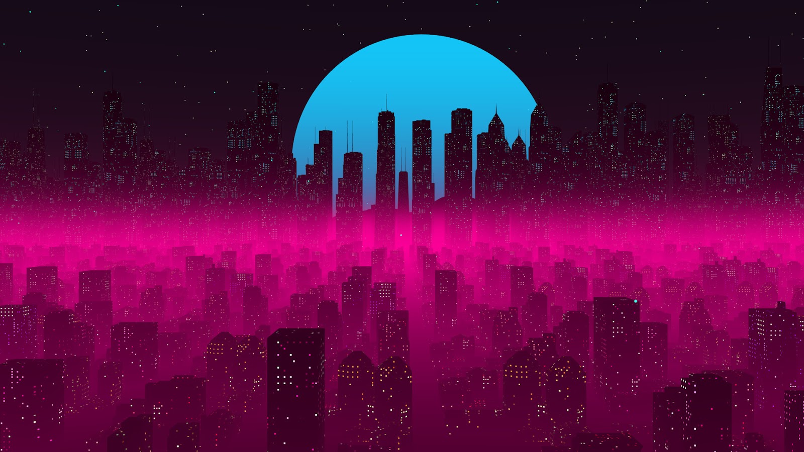 A cyberpunk cityscape at night with a bright cyan moon, glowing pink fog, and dark silhouettes of skyscrapers