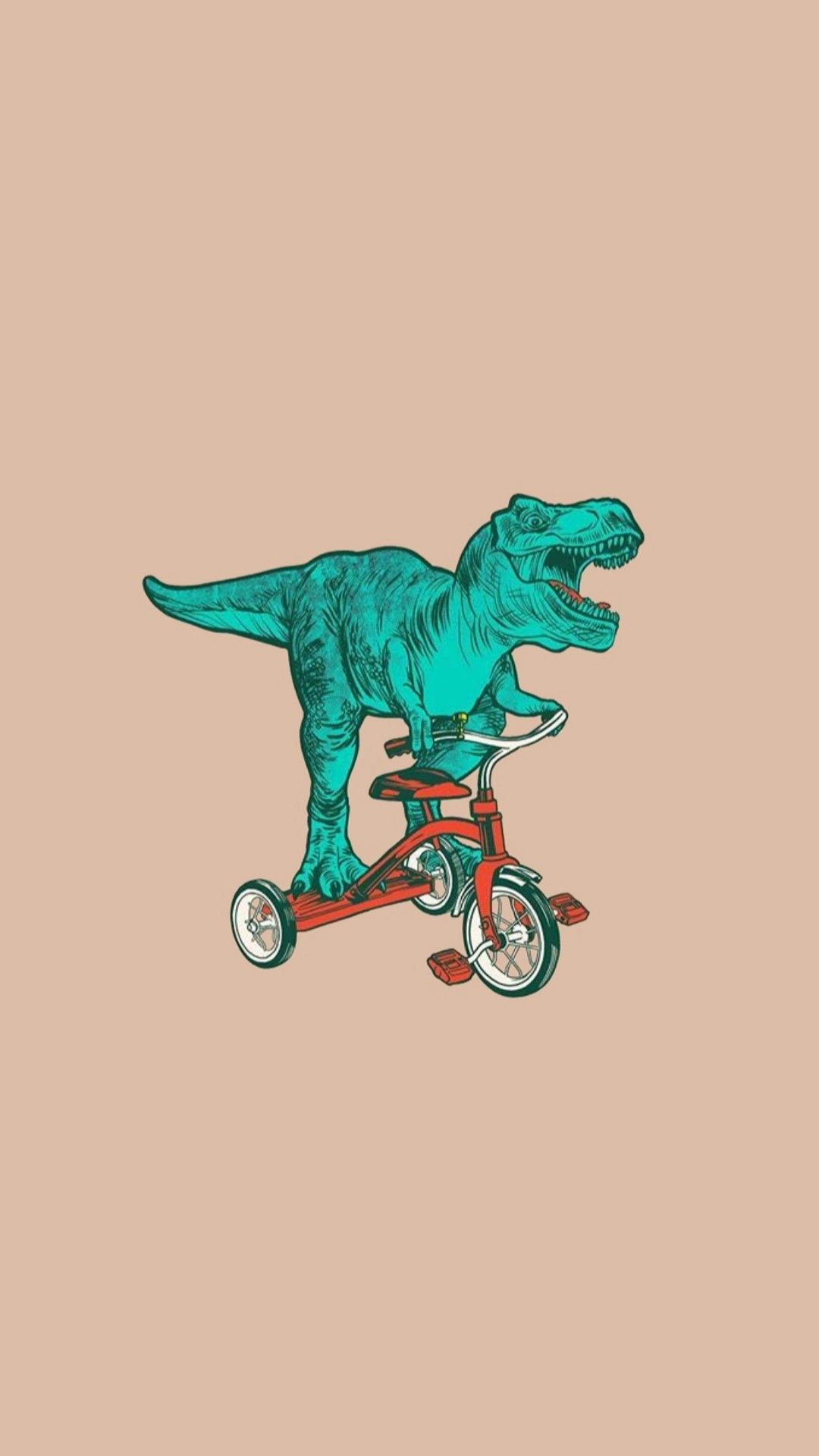 A whimsical illustration of a turquoise Tyrannosaurus Rex riding a red tricycle against a light brown background. This playful depiction captures the dinosaur's childlike joy and contrasts its fearsome reputation with innocent fun