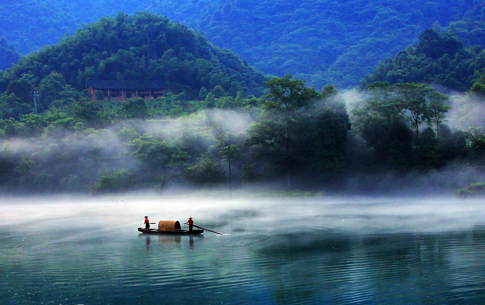  China hills mist boats fishing lakes dawning Wallpapers