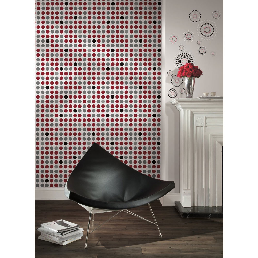 Wall In A Box Wib1011 Dots Fusion Wallpaper Red Silver Black With