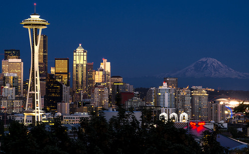 Seattle Skyline With Mount Rainier In The Background Photo