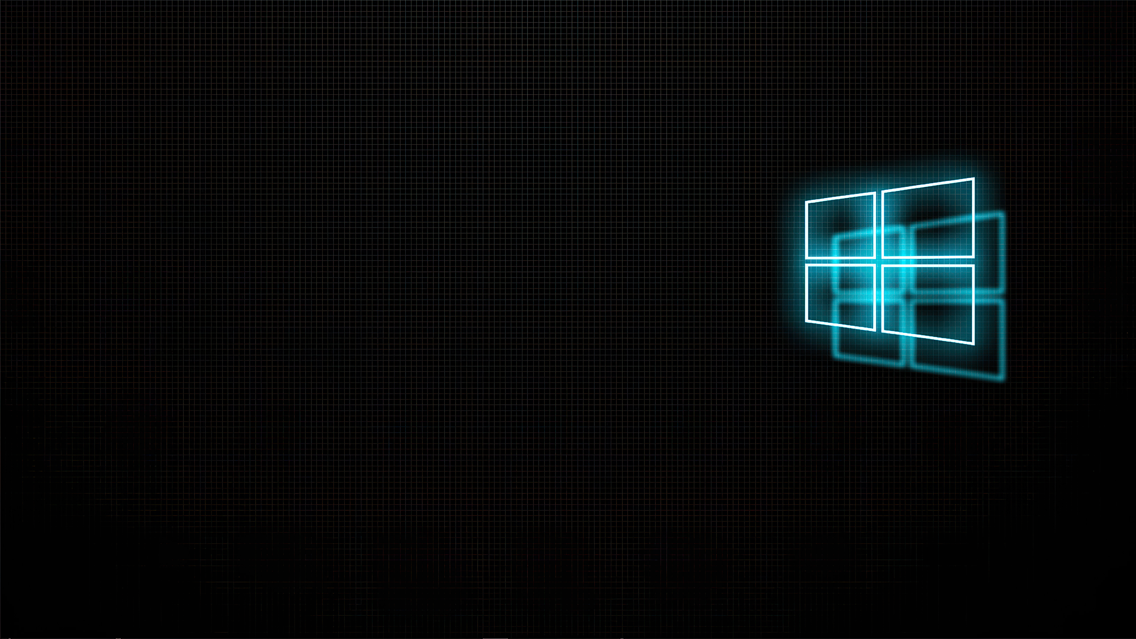A minimalist dark background with a glowing Windows 10 logo in the top-right corner