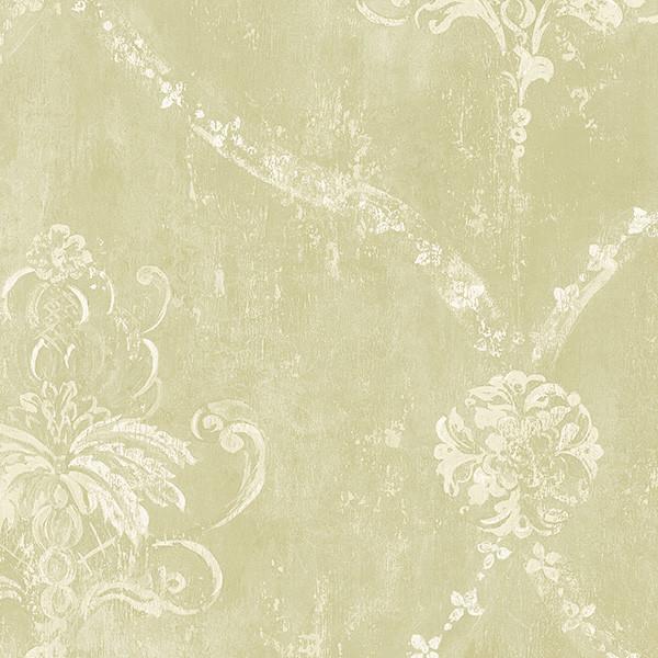 Soft Green and Cream Weathered Damask Wallpaper D Marie Interiors