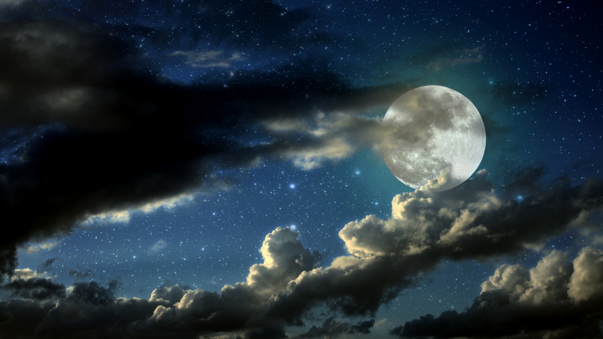 Wallpaper Full Moon Stars Clouds Shadows HD 1080p
