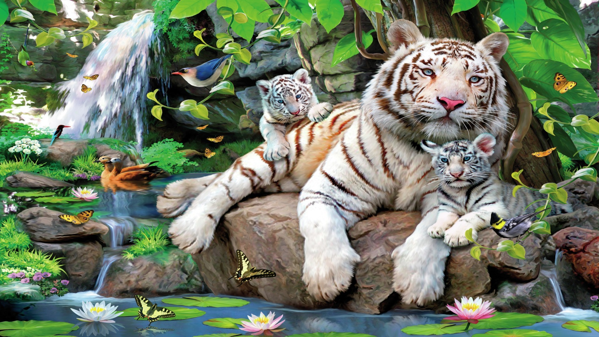 ScreenHeaven White tiger with cubs hd jungle art pond