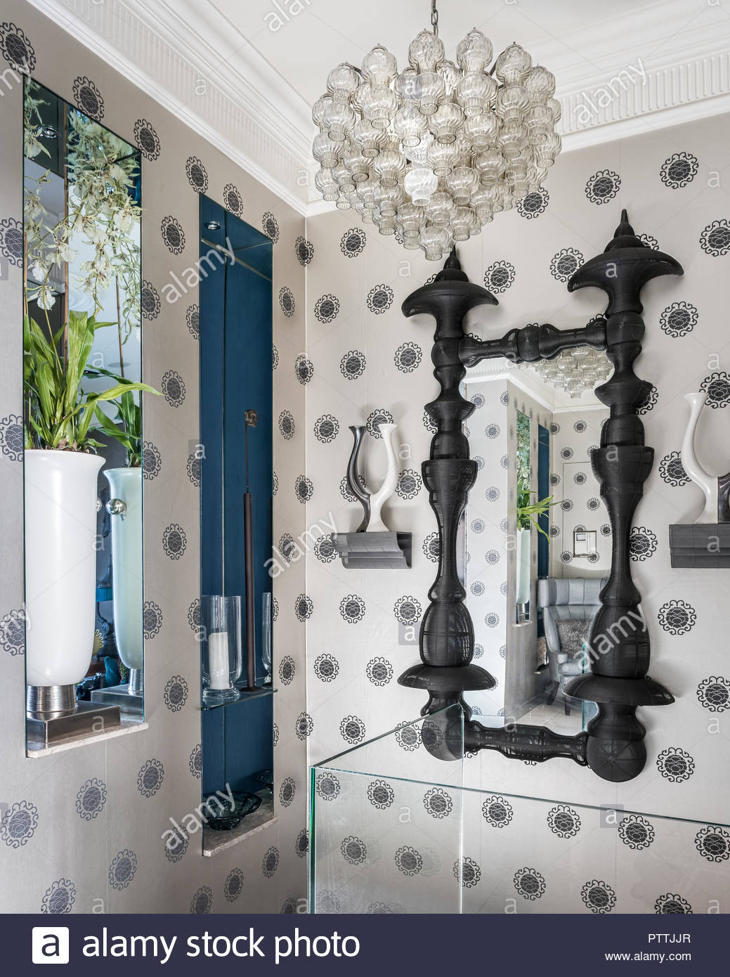 Black Mirror Frame And Patterned Wallpaper With Pendant