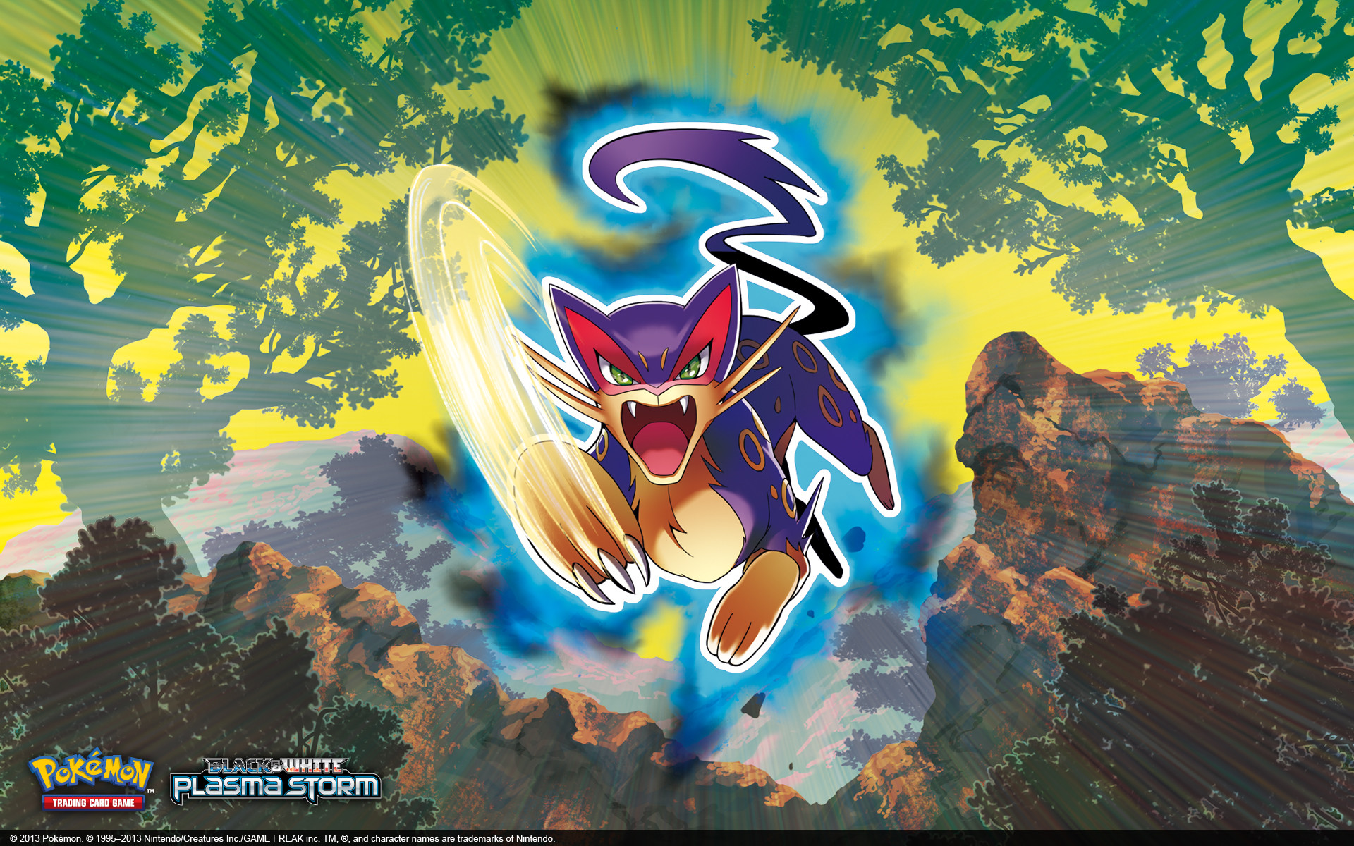 Liepard Pokémon from Black and White Plasma Storm in action, set against a vibrant backdrop of trees and rocks