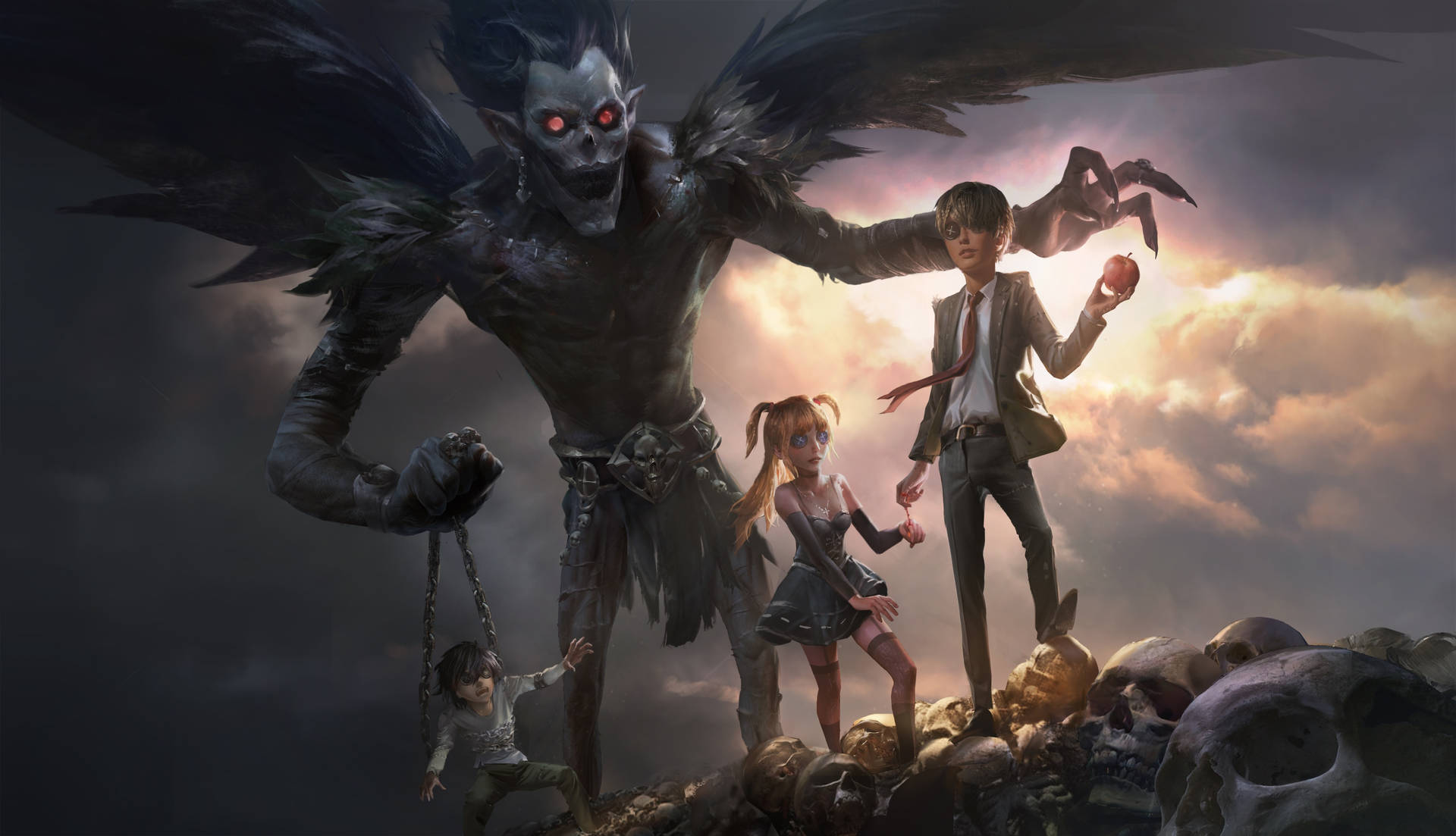 Death Note Aesthetic With Ryuk Grabbing L Wallpaper