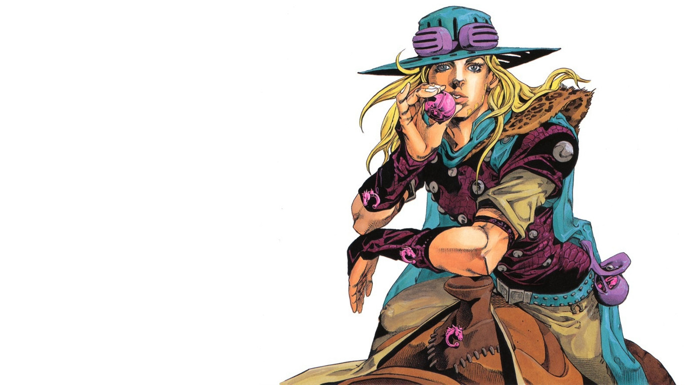 Gyro Zeppeli from JoJo's Bizarre Adventure: Steel Ball Run, holding a steel ball, on a simple white background, suitable for phone wallpapers