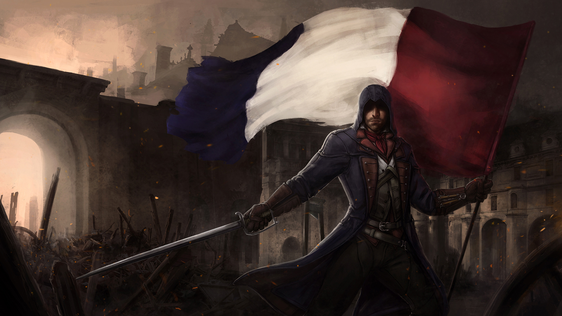 Lấy cảm hứng từ cờ đỏ trắng xanh của quốc kỳ Pháp và Assassin\'s Creed Unity, bức tranh nền này sẽ khiến bạn thấy mình đang sống trong thời đại cách mạng lịch sử của đất nước này. Tải xuống miễn phí ngay hôm nay và cảm nhận sự khác biệt!